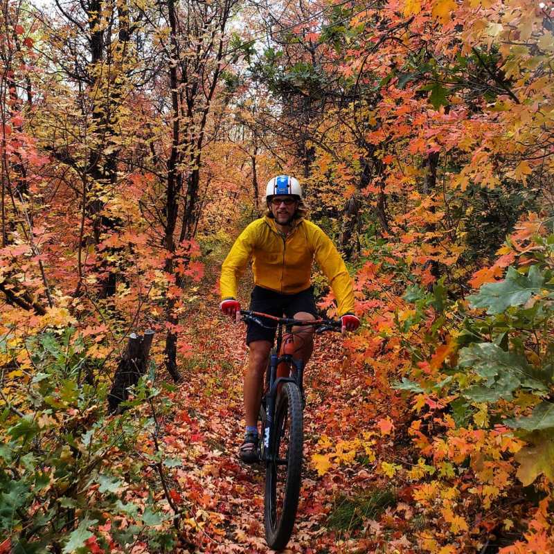 a man riding a bike down a dirt path in a forest
