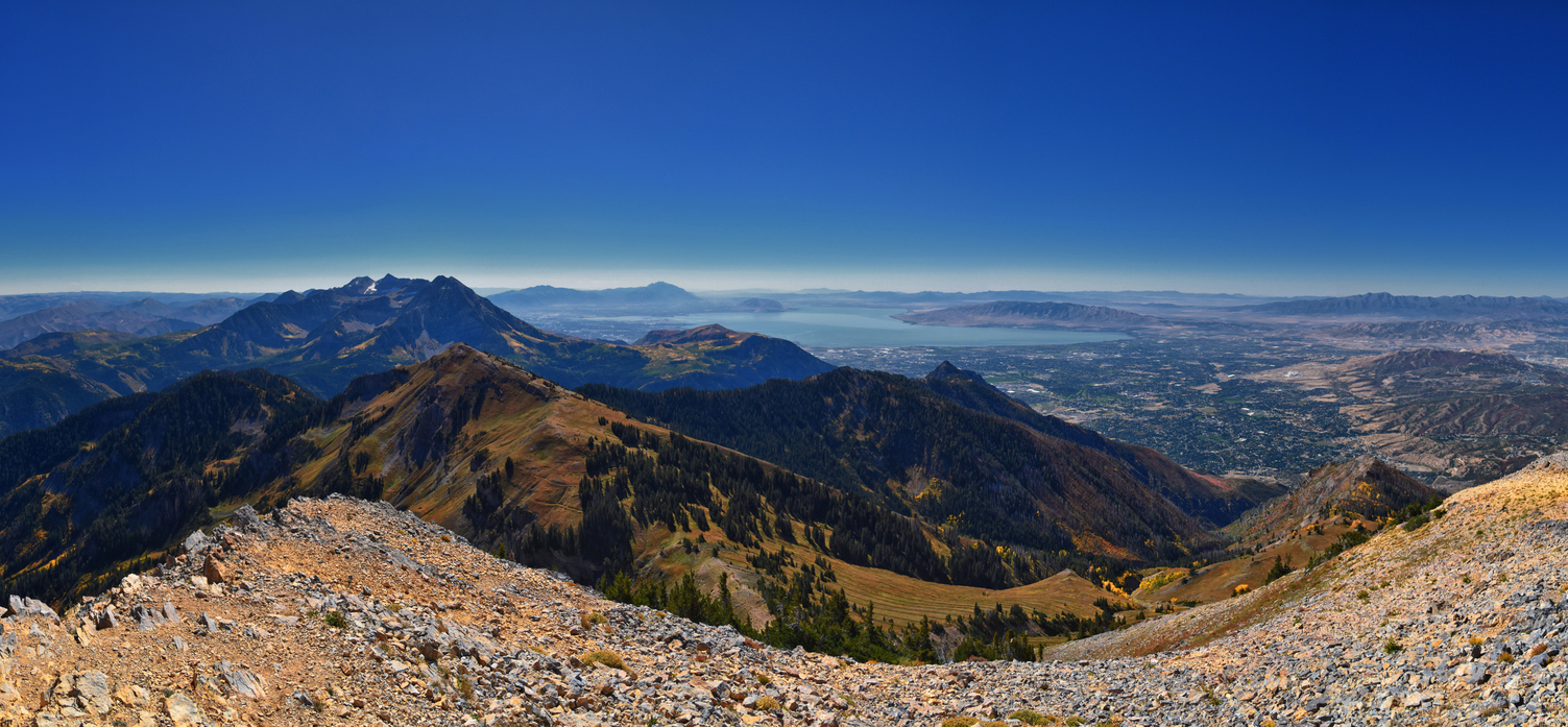 Box Elder Peak view from peak, American Fork Canyon. Lone Peak, Mt Timpanogos Uinta-Wasatch-Cache National Forest, Wasatch Range Rocky Mountains, Utah, United States. Lone Peak, Mt Timpanogos Uinta-Wasatch-Cache National Forest, Wasatch Range Rocky Mountains, Utah, United States.