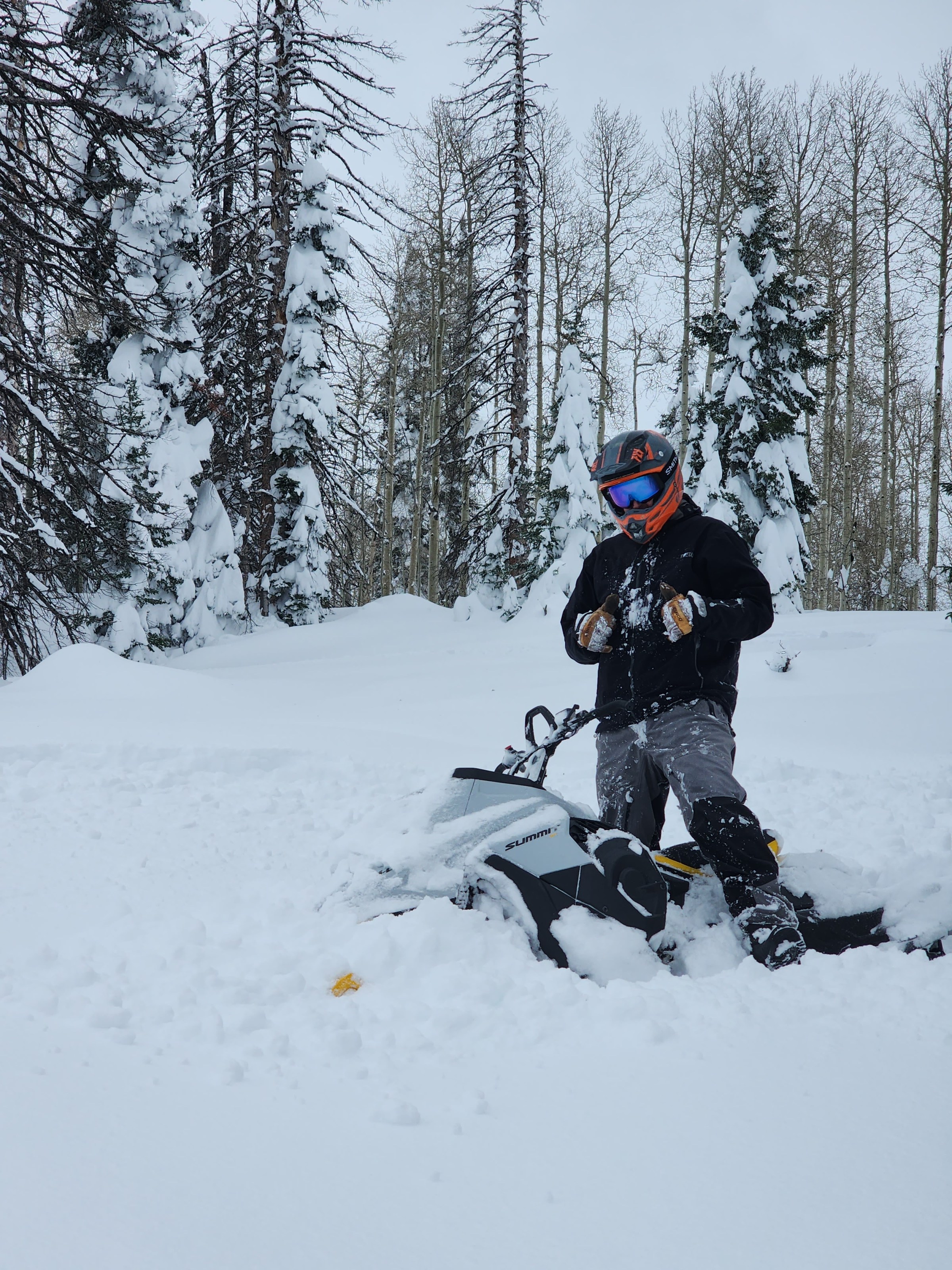 Rider navigating heavy snowfall on a Ski-Doo snowmobile, with thick snow coating nearly the entire machine as it pushes through deep powder in a whiteout winter landscape.