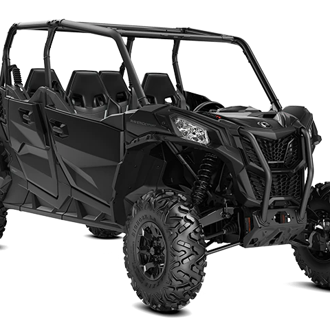 Four-seater black off-road vehicle with rugged tires.