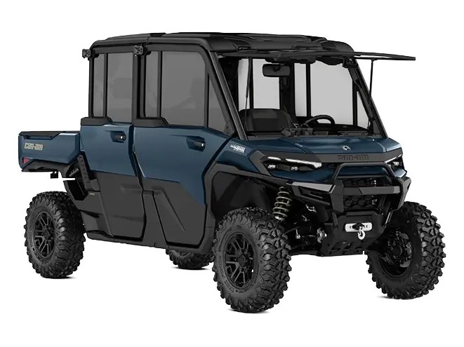 Six-seater off-road utility vehicle with rugged design in black and blue.