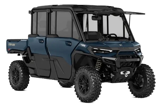 Six-seater off-road utility vehicle with rugged design in black and blue.