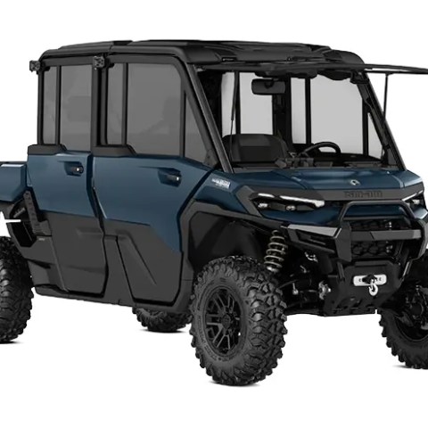 Six-seater off-road utility vehicle with rugged design in black and blue.