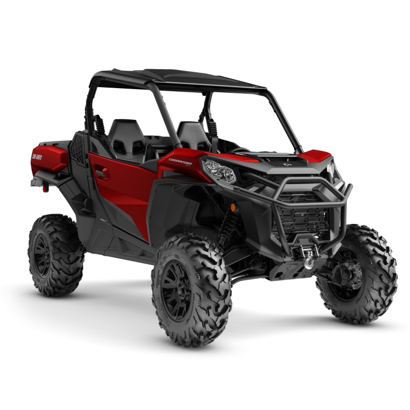 Red and black off-road utility vehicle with roll cage.