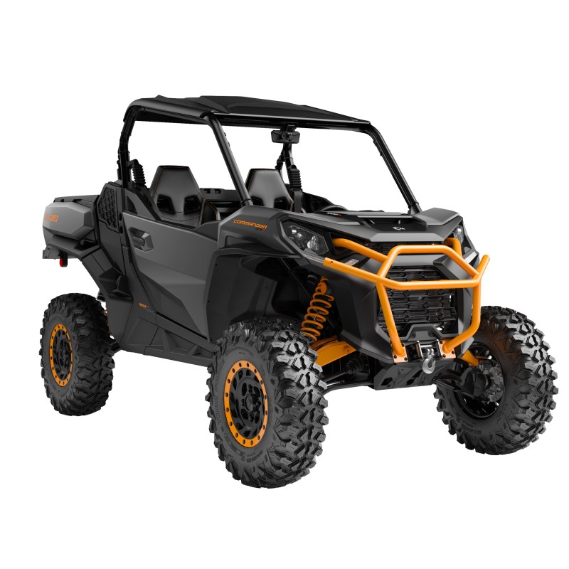 A black and orange off-road ATV with large tires and roll cage.